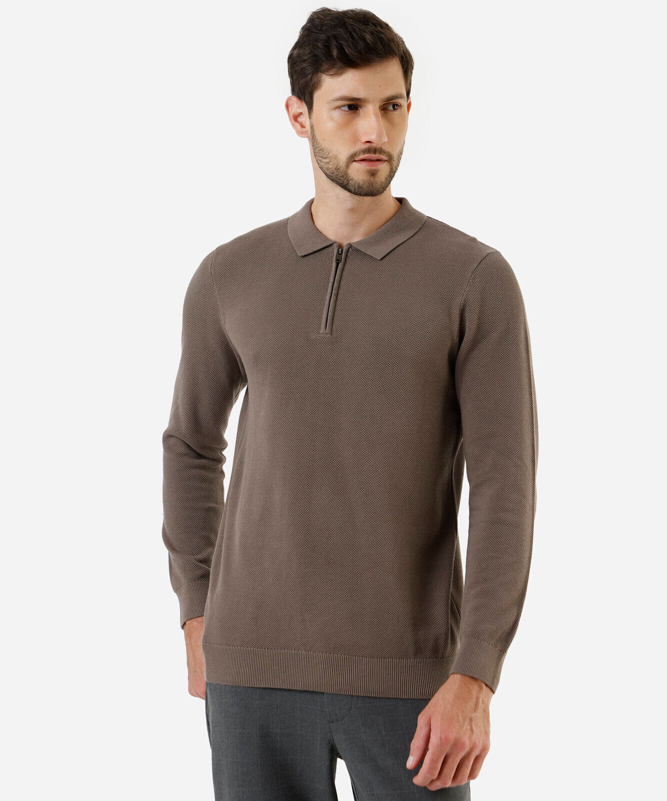 polo masculina de algodão manga longa texturizada marrom
