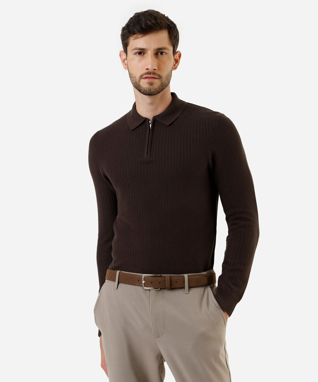 polo masculina de tricot manga longa com zÃper marrom