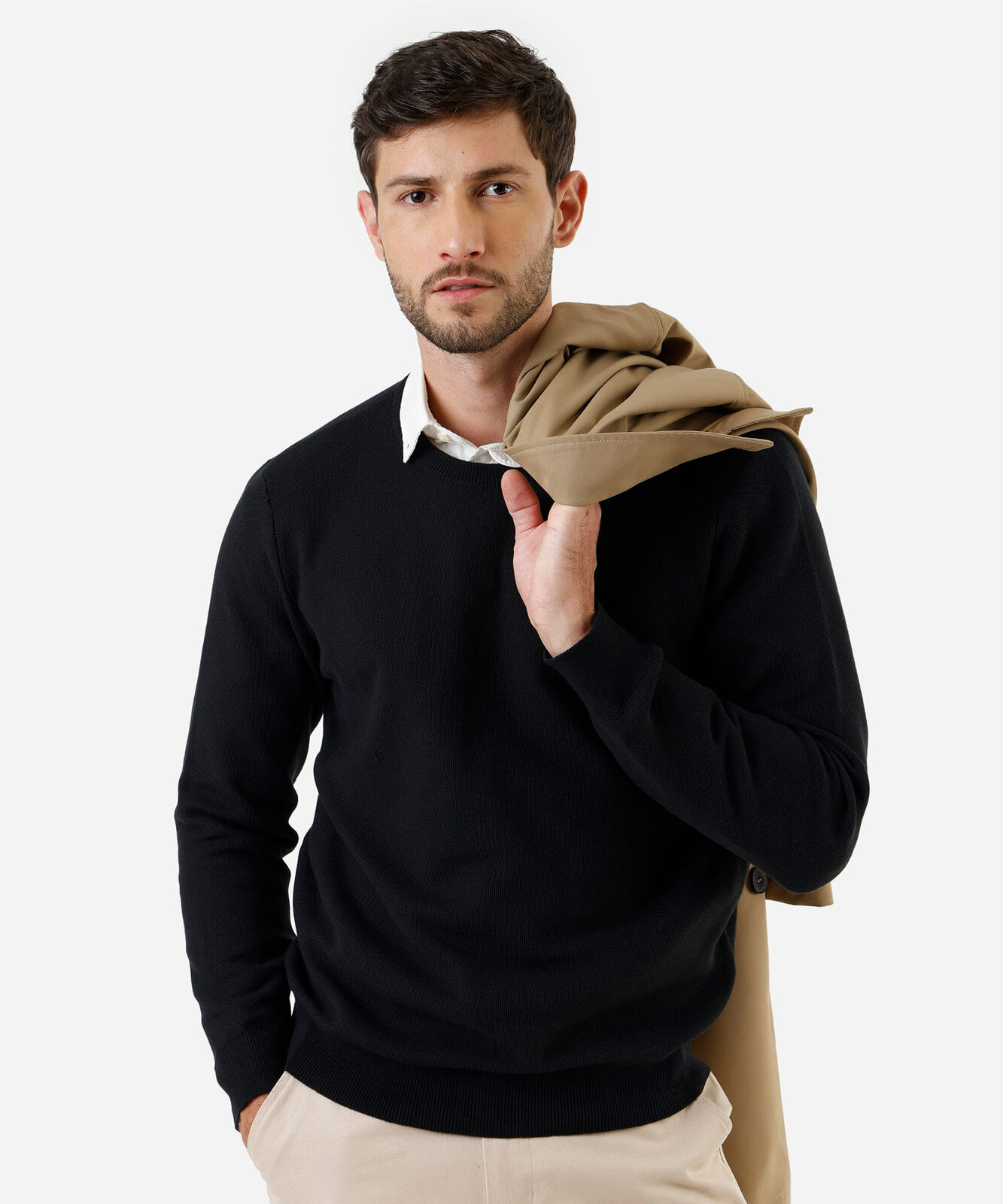 suéter masculino de tricot gola redonda manga longa preto