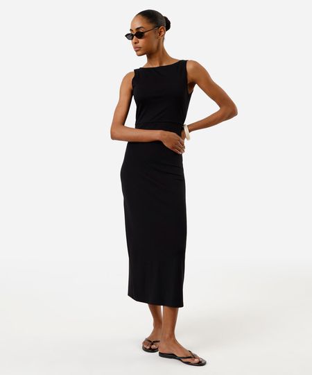 vestido midi feminino decote costas com fenda preto P