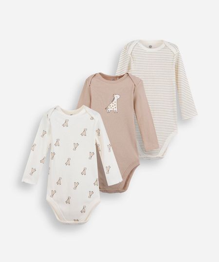 kit de 3 bodies infantis algodão girafa - multicor 0-3