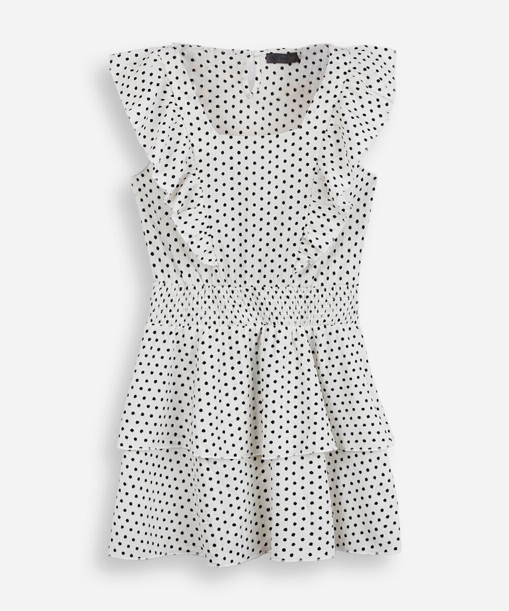 vestido curto juvenil texturizado com babados poá off white