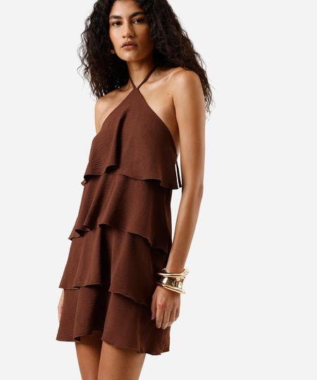 vestido curto feminino frente única com babados marrom P