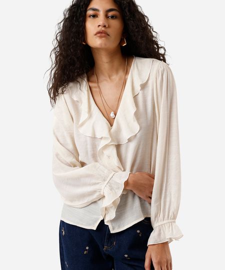 camisa feminina com babados texturizada off white PP