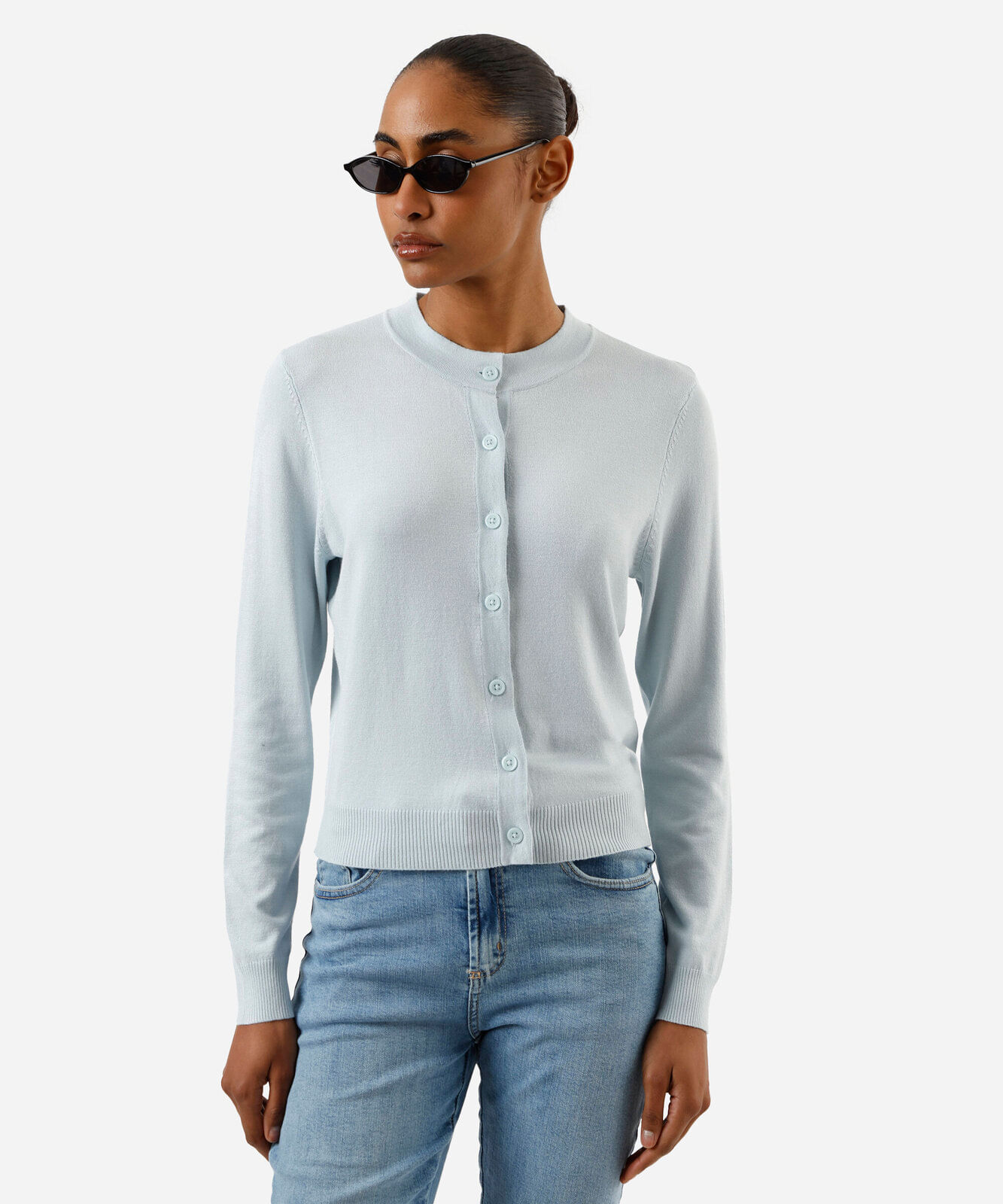 cardigan cropped feminino de tricot azul
