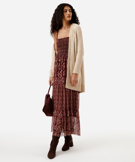 vestido midi feminino de tule com recortes e franzidos floral vinho P vestido midi feminino de tule com recortes e franzidos floral vinho P