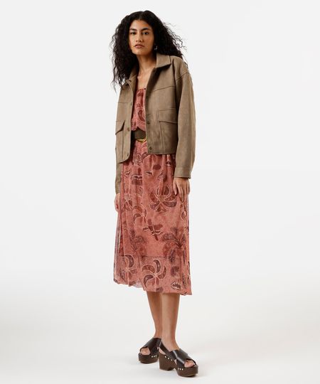 vestido midi balonê feminino de tule folhagens rosa P