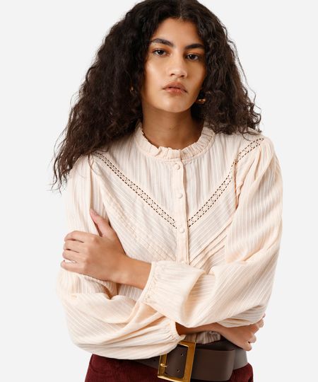 camisa feminina de algodão com pregas listrada bege PP camisa feminina de algodão com pregas listrada bege PP