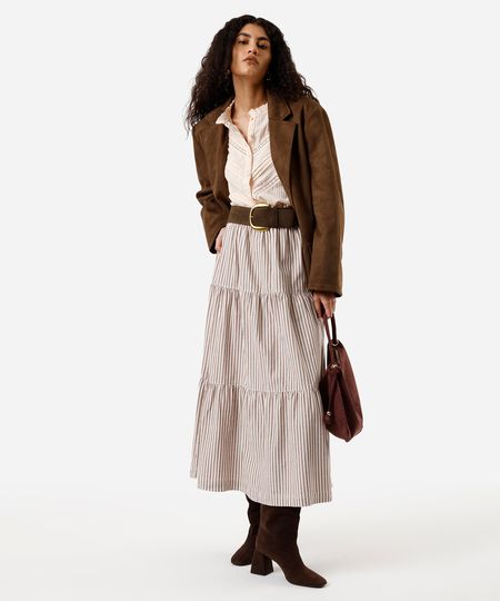 saia midi feminina de algodão com recortes listrada marrom 44