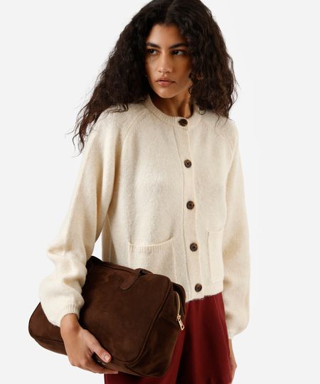 cardigan feminino de tricot com bolsos bege PP
