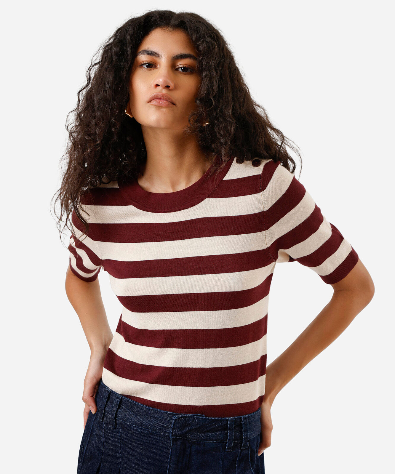 blusa feminina de tricot manga curta listrada vinho