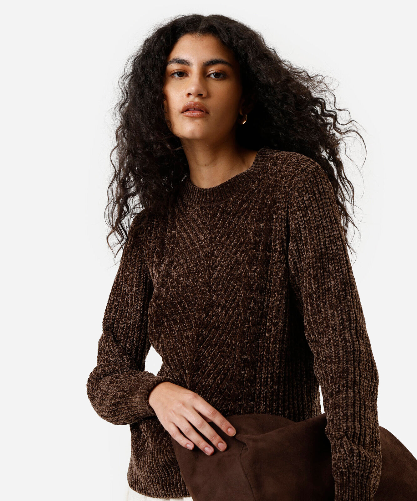 suéter feminino de tricot chenille texturizado marrom