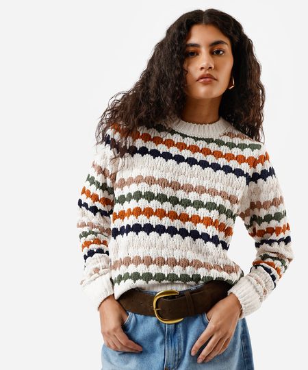 suéter feminino de tricot chenille listrado off white G