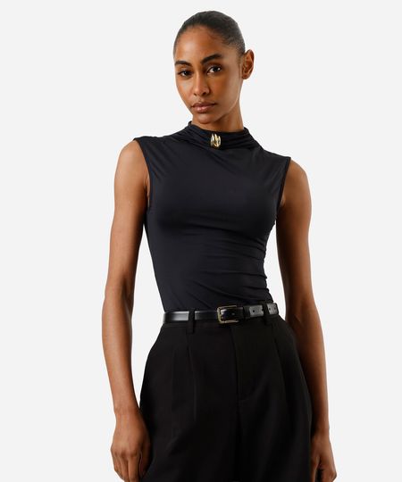 regata feminina de poliamida gola alta franzida preta M