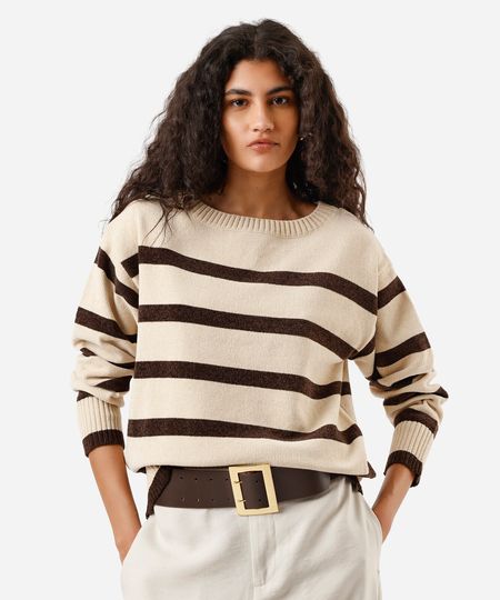 suéter feminino listrado gola redonda bege PP suéter feminino listrado gola redonda bege PP