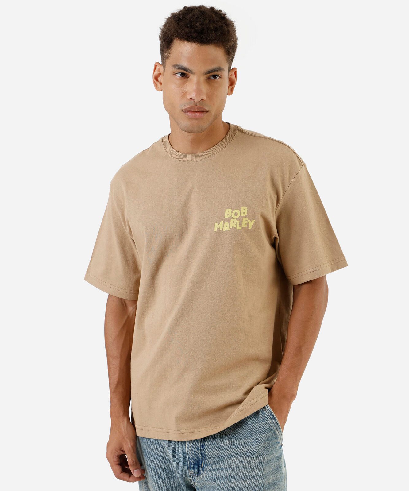 camiseta masculina de algodão bob marley bege