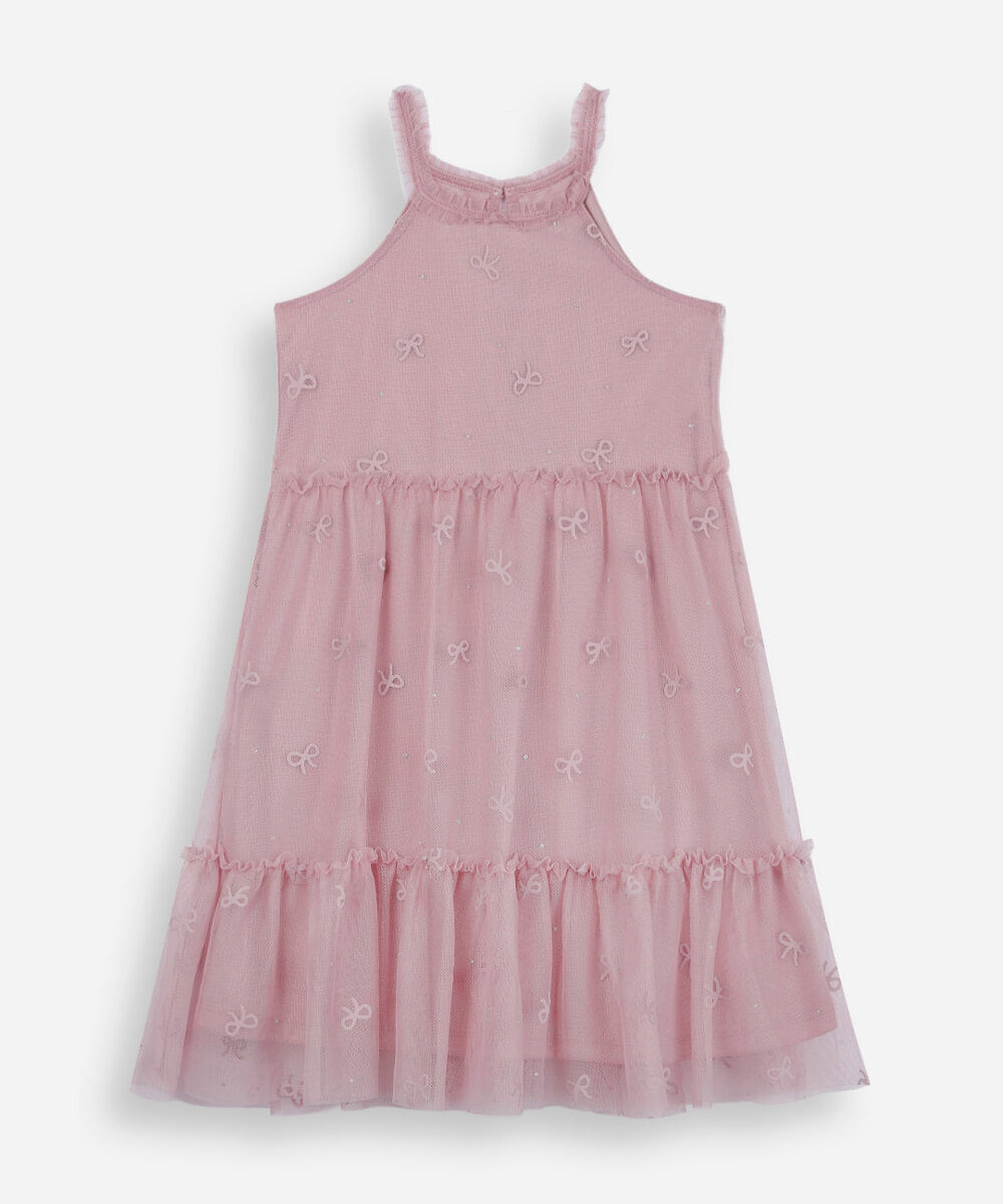 vestido halterneck infantil de tule lacinho rosa