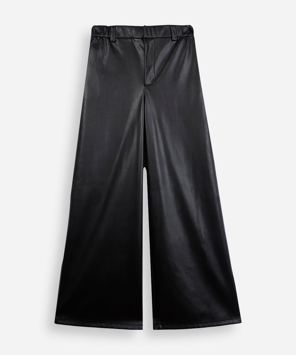 calça wide leg juvenil de poliuretano preta