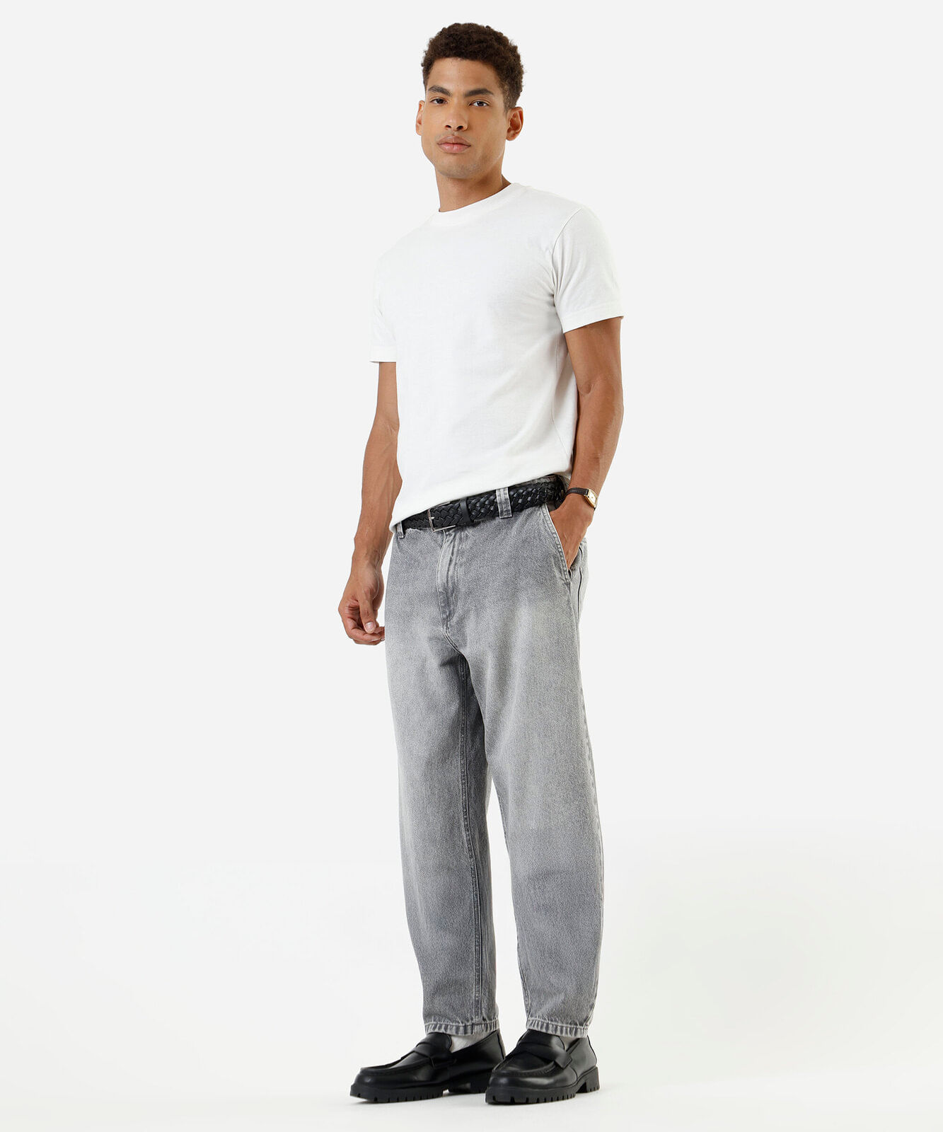 calça masculina super baggy jeans com cadarço cinza