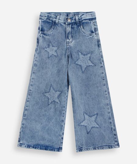 calça wide leg infantil jeans com estrelas azul 4 calça wide leg infantil jeans com estrelas azul 4
