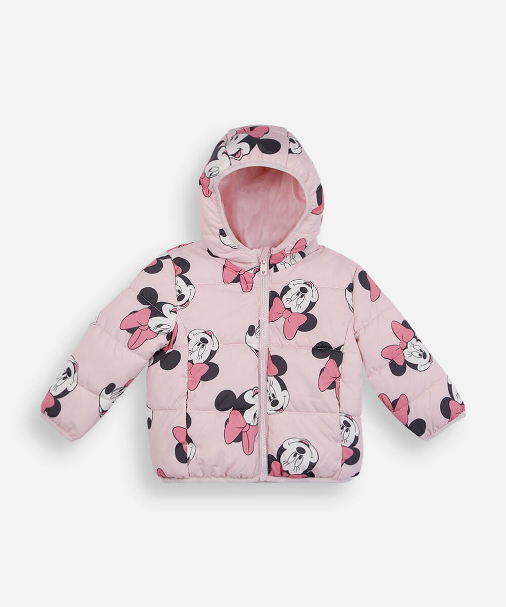 jaqueta puffer infantil com capuz minnie rosa