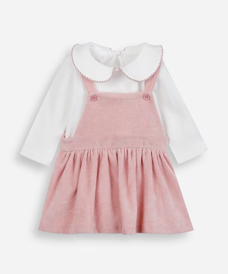 salopete infantil texturizada e body com gola peter pan manga longa rosa 18-24