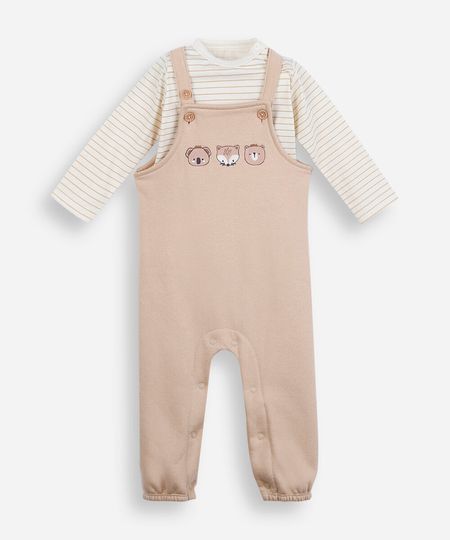 jardineira longa infantil bichinhos bege 12-18 jardineira longa infantil bichinhos bege 12-18