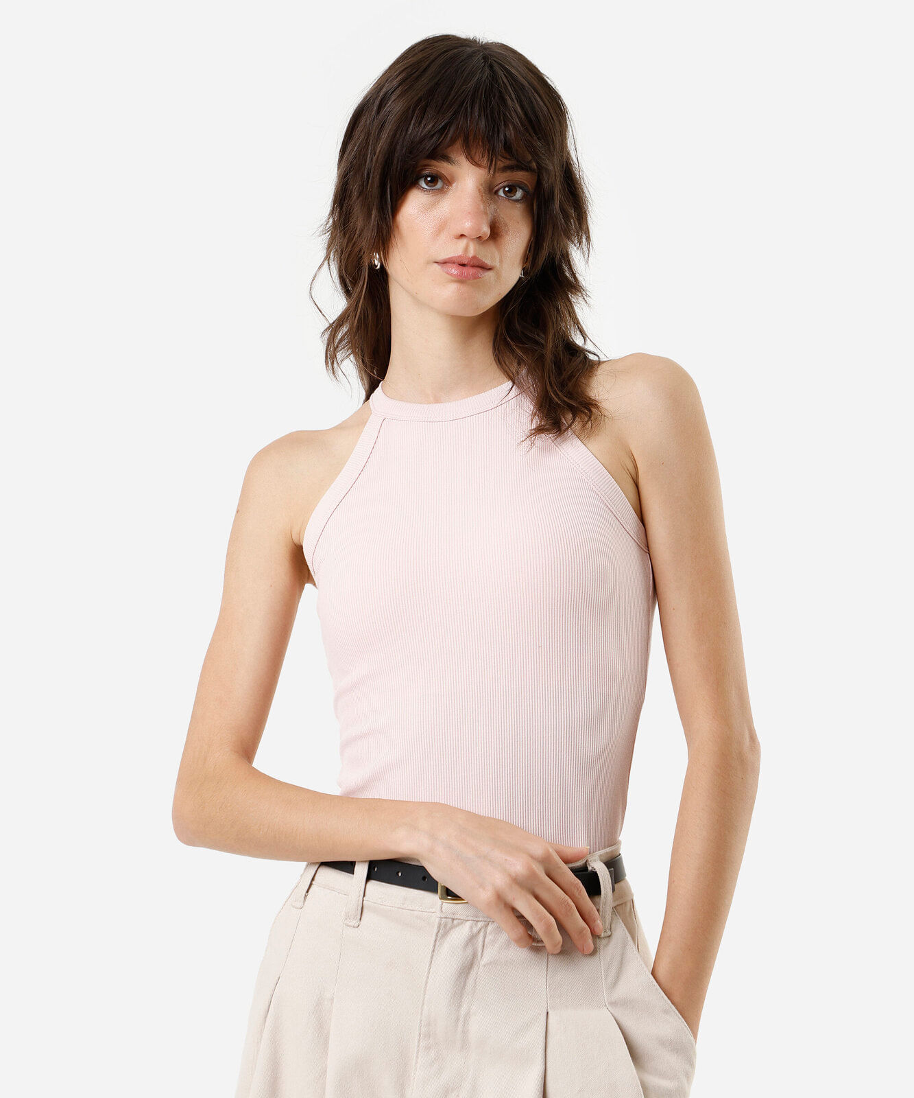 regata básica feminina de algodão halterneck com bojo rosa