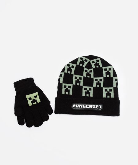 kit infantil de gorro e luvas de tricot minecraft preto UNICO