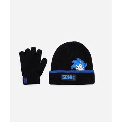 kit infantil de gorro e luvas de tricot sonic preto
