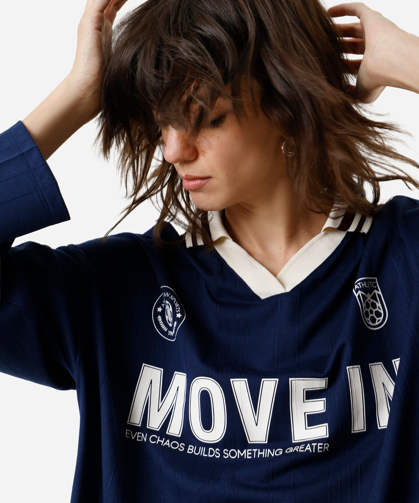 polo feminina manga longa oversized esportiva move in azul