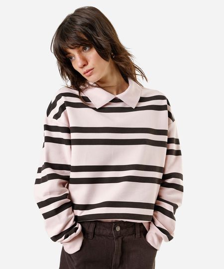 blusão feminino de moletom com gola esporte listrado - rosa claro M