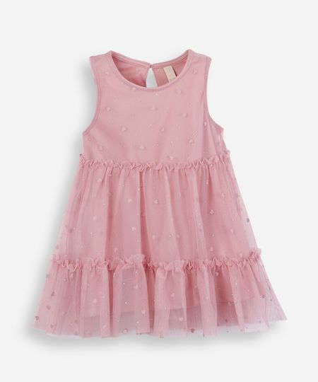 vestido midi infantil de tule coração rosa 6-9