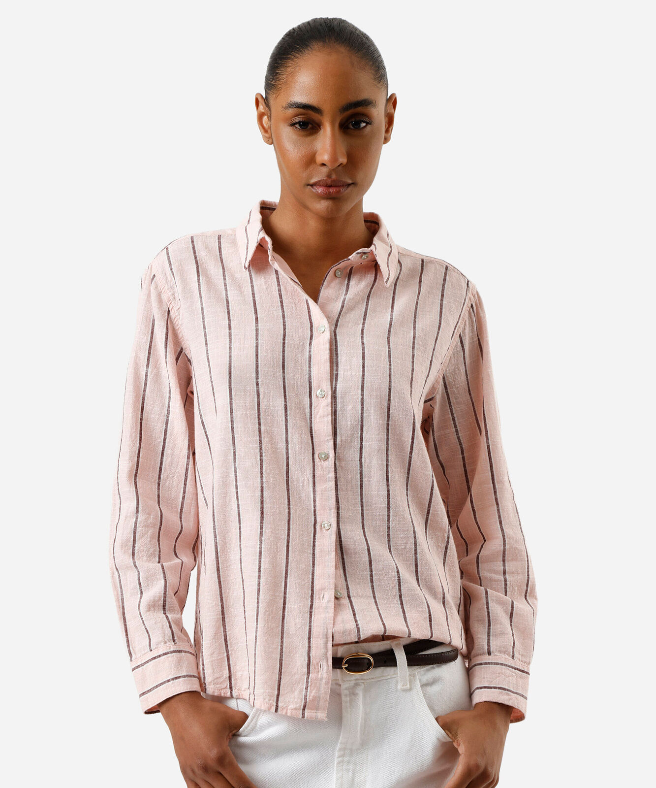 camisa feminina de algodão listrada rosa