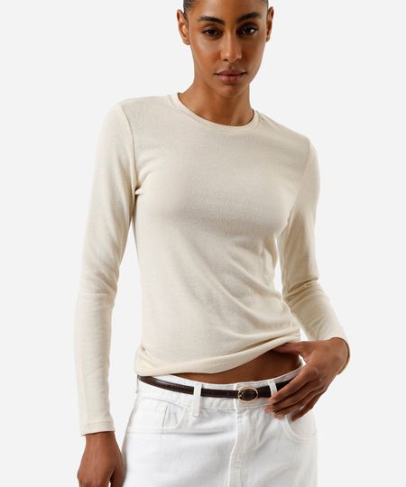 suéter básico de tricô decote redondo bege PP suéter básico de tricô decote redondo bege PP