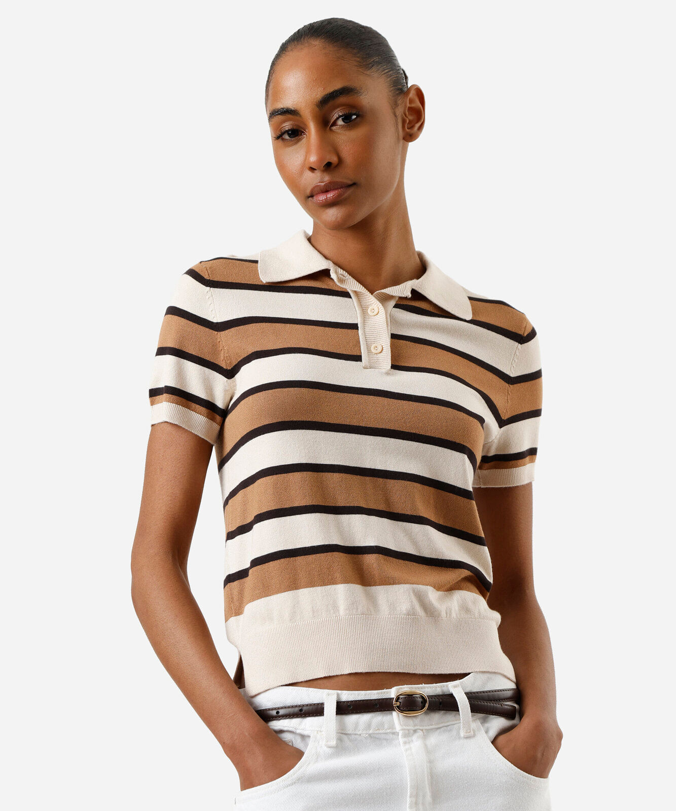 polo feminina de tricot listrada marrom