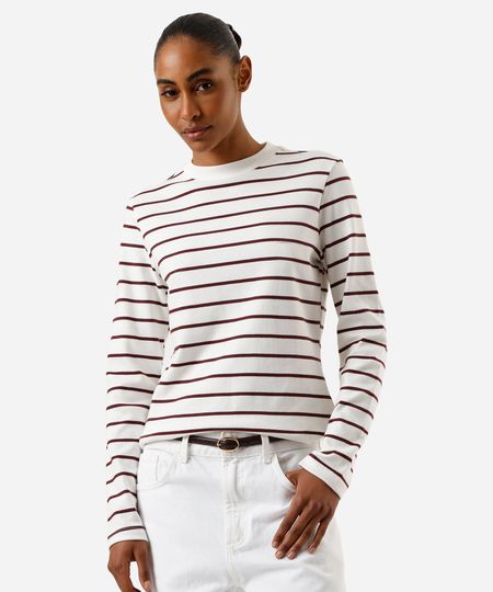 blusa feminina de algodão peruano manga longa listrada off white P