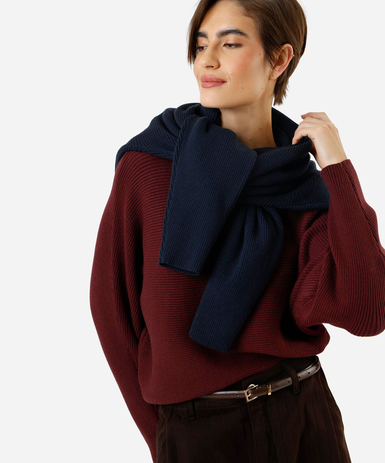 suéter amplo feminino de tricot canelado vinho