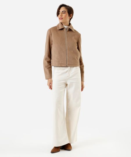 calça de sarja wide leg cropped cintura super alta bege 38