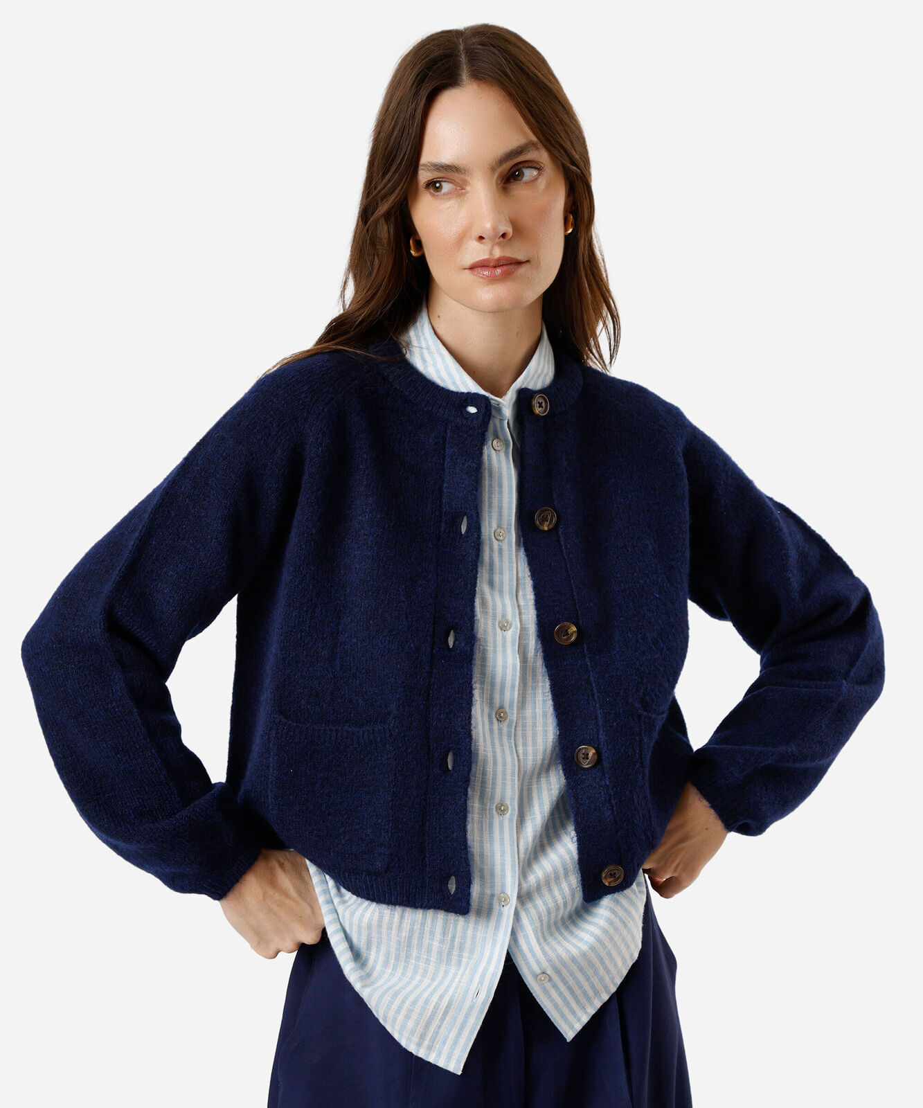 cardigan feminino de tricot com bolsos azul