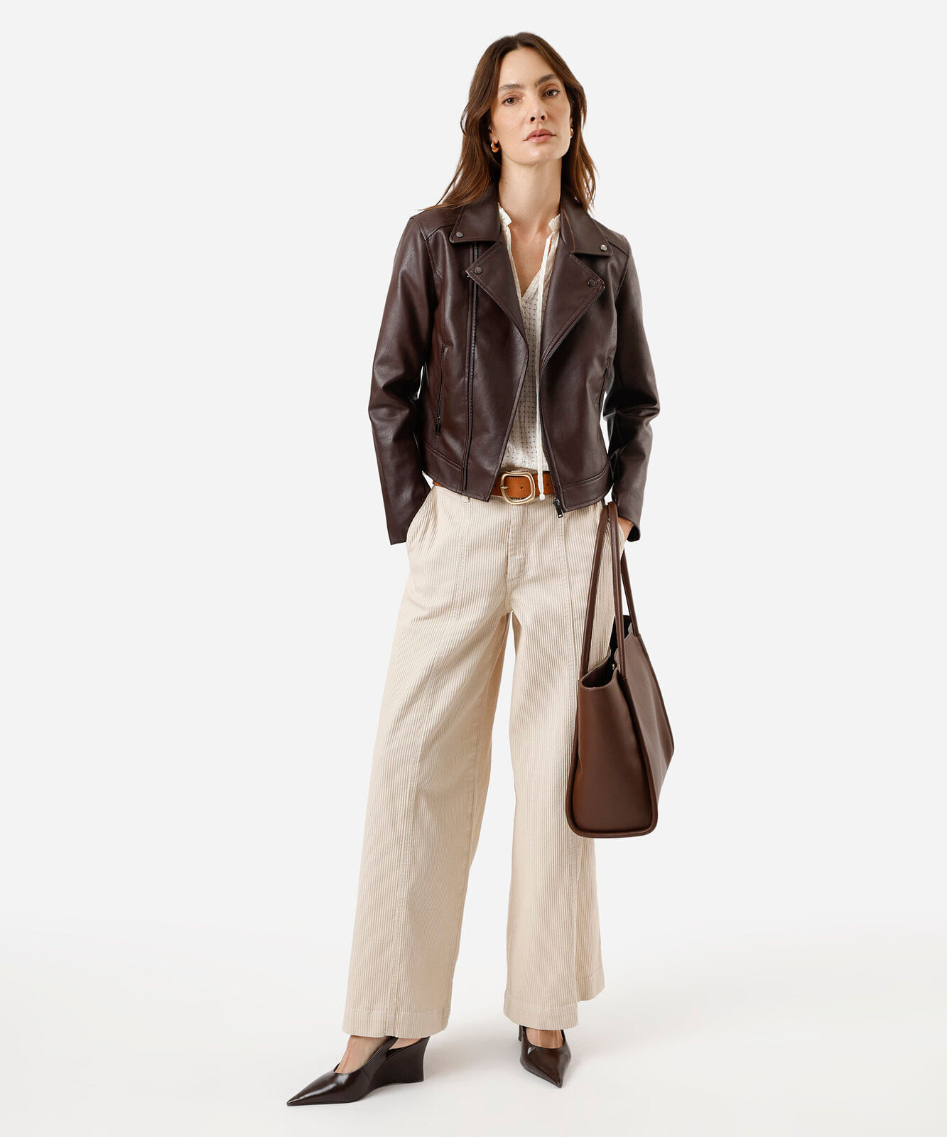 calça wide leg feminina de veludo cotelê cintura média bege
