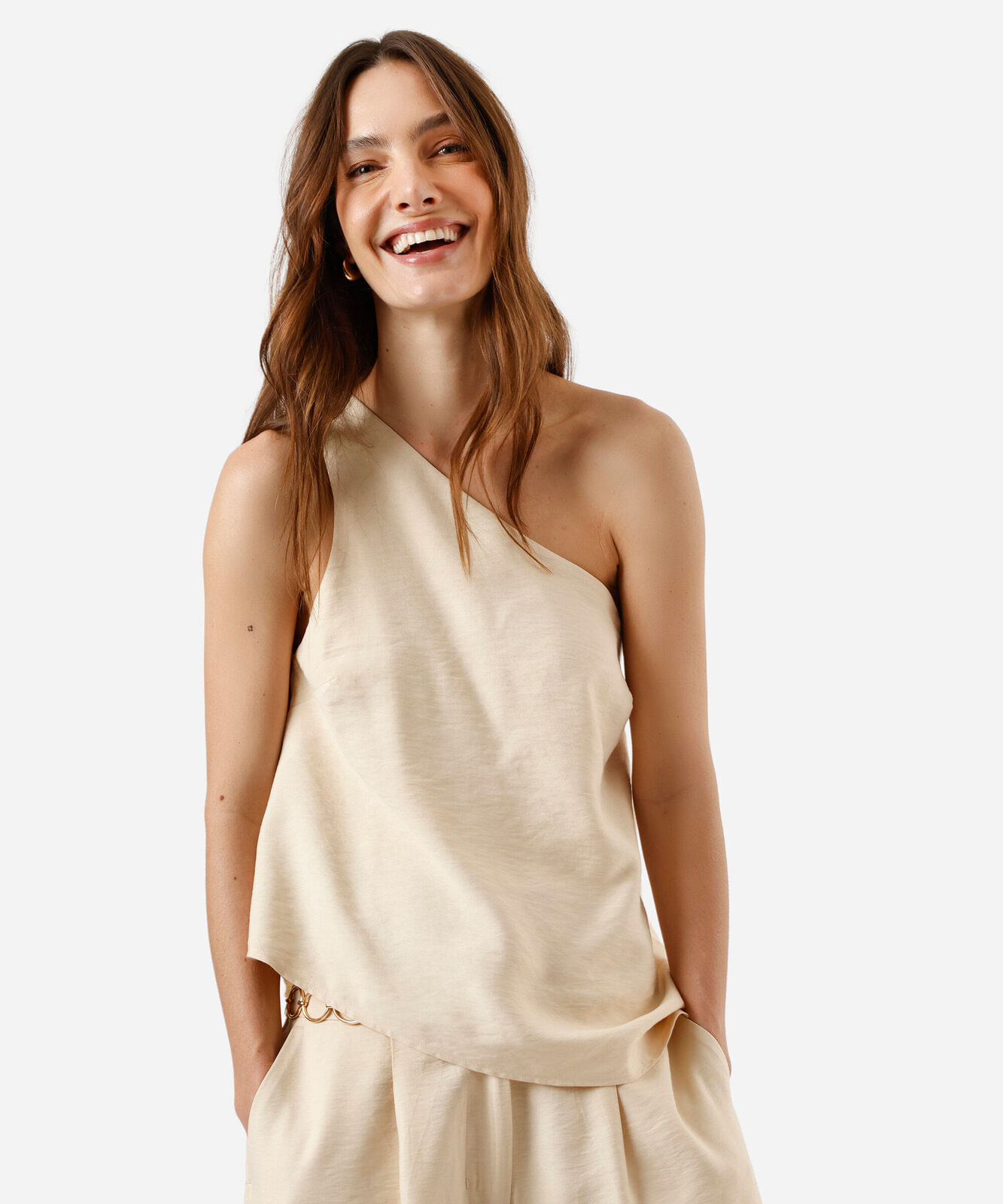 blusa ombro único feminina com viscose assimétrica amarela