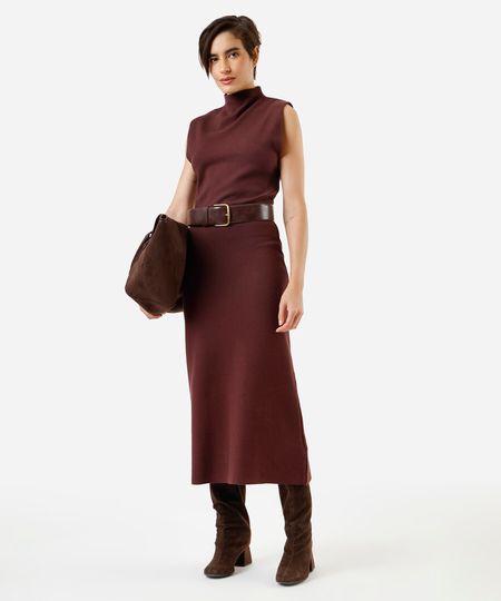 saia midi de tricot canelada marrom PP