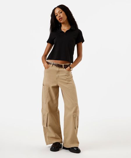 calça skater cargo feminina de sarja cintura média bege 34