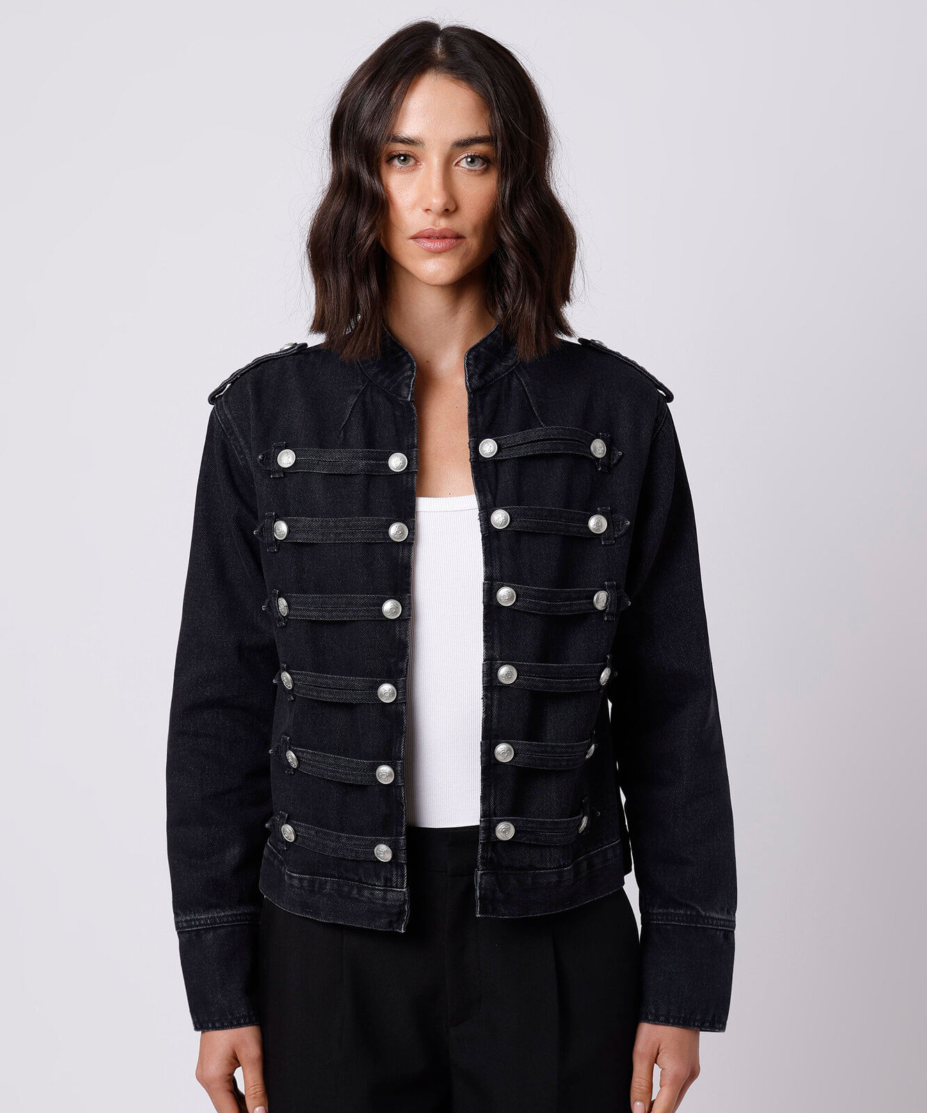 jaqueta militar feminina jeans mindset preta