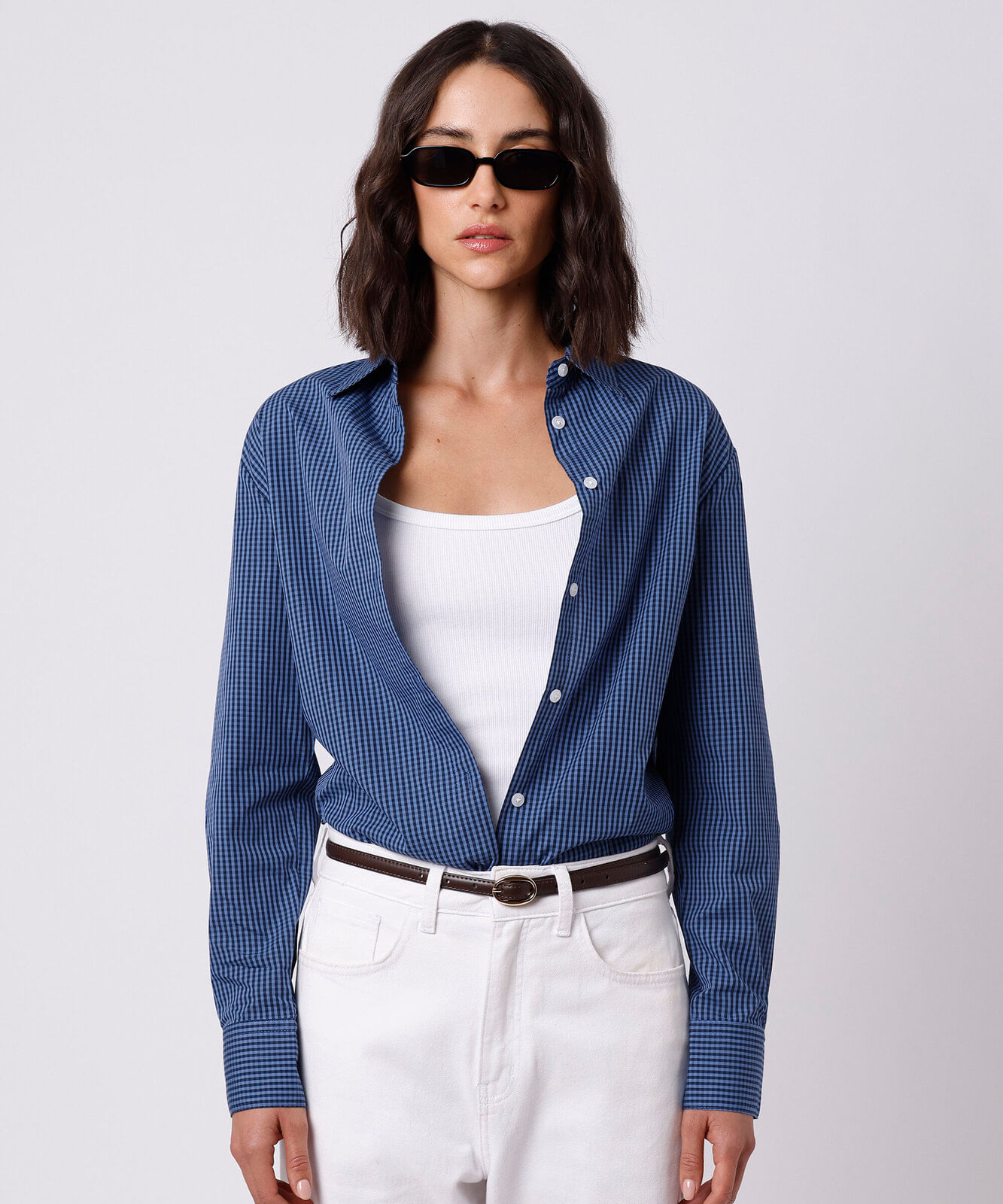 camisa oversized feminina de algodão manga longa xadrez mindset azul