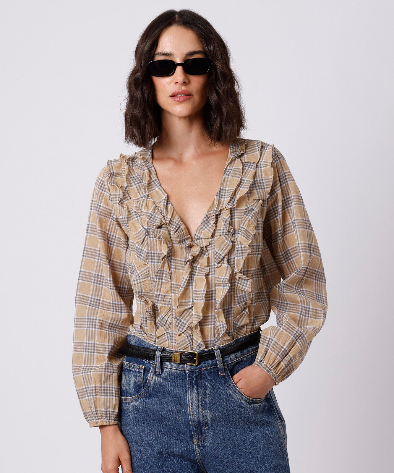 blusa feminina com algodão e babados xadrez mindset amarela