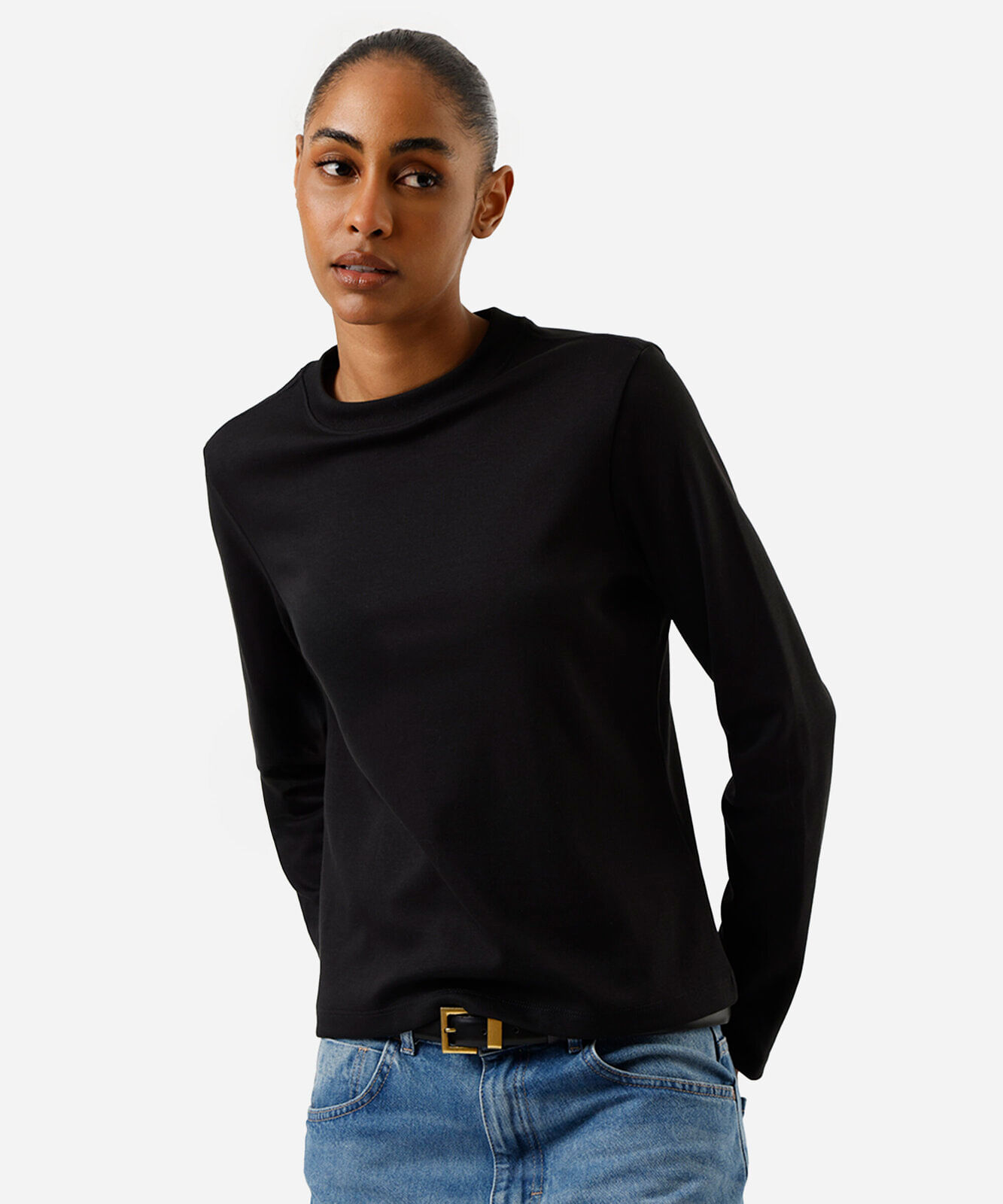 blusa feminina algodão peruano manga longa lisa preta