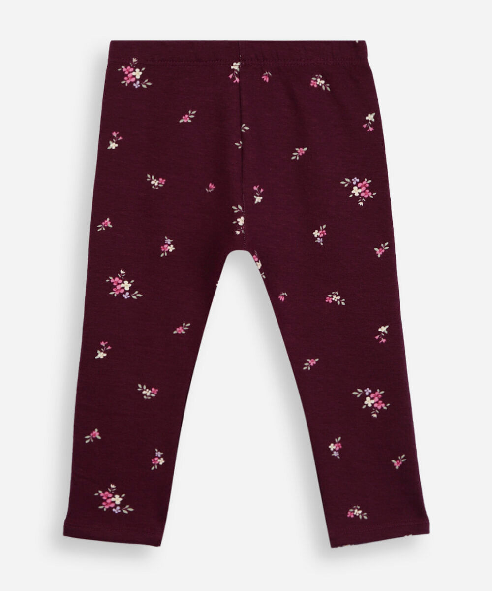 calça legging infantil de algodão felpado floral vinho