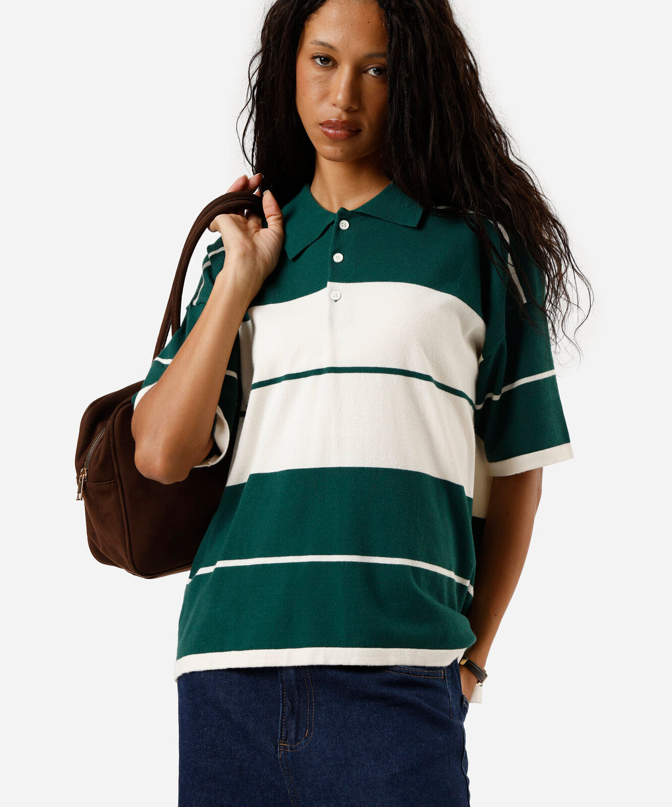 polo feminina com viscose manga curta listrada verde